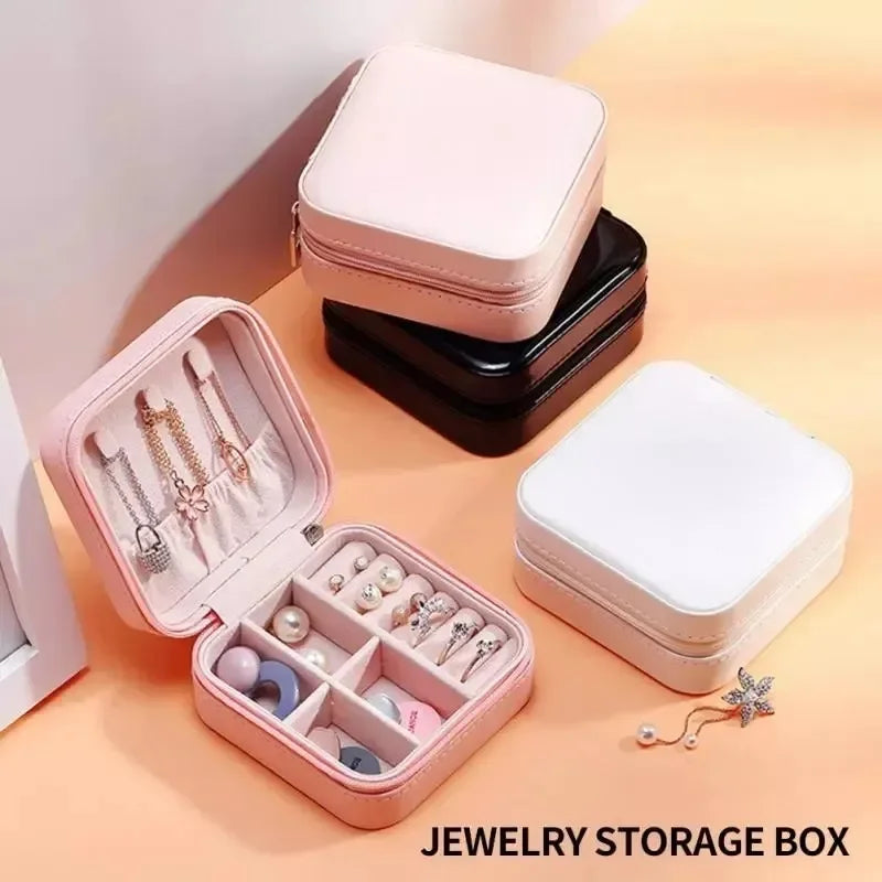 Mini Leather Jewelry Box Organizer with Zip 2 Layers Cosmetics Ear Rings & Necklace Hanging Holder - Leyloo.pk