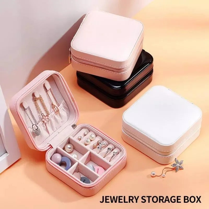 Mini Leather Jewelry Box Organizer with Zip | 2 Layers Cosmetics Ear Rings & Necklace Hanging Holder