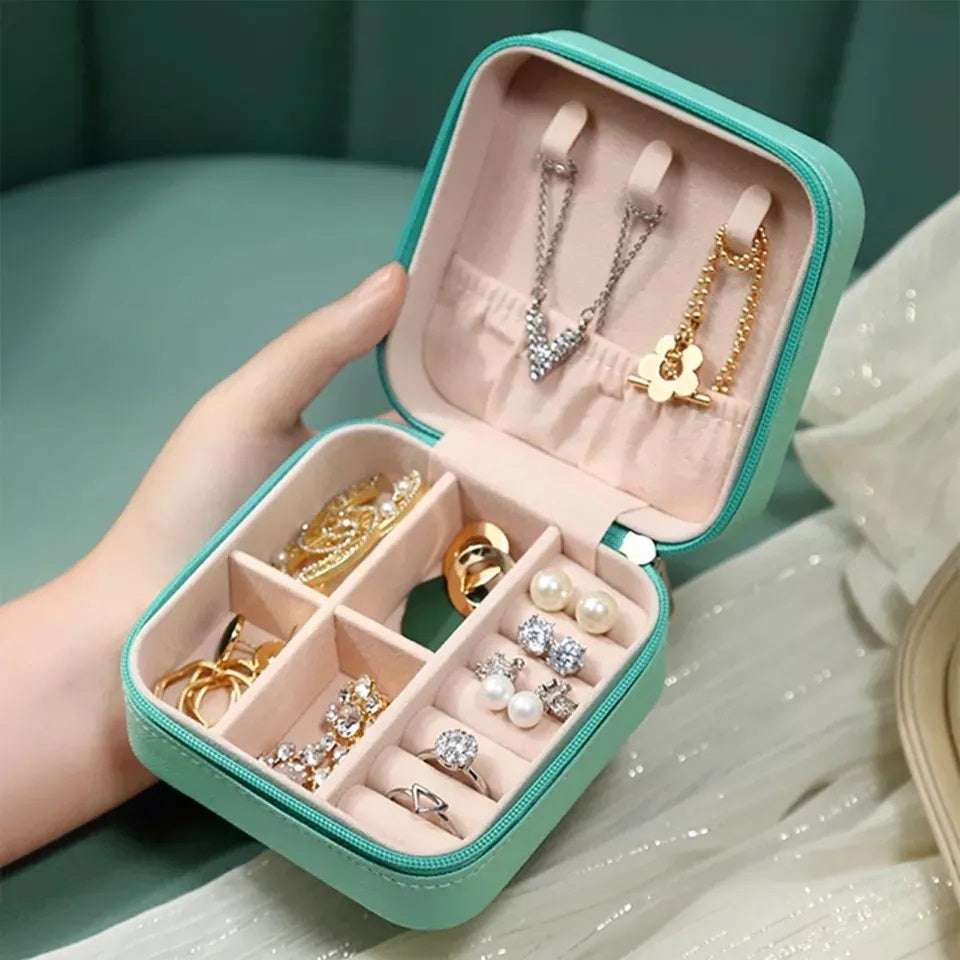 Mini Leather Jewelry Box Organizer with Zip | 2 Layers Cosmetics Ear Rings & Necklace Hanging Holder