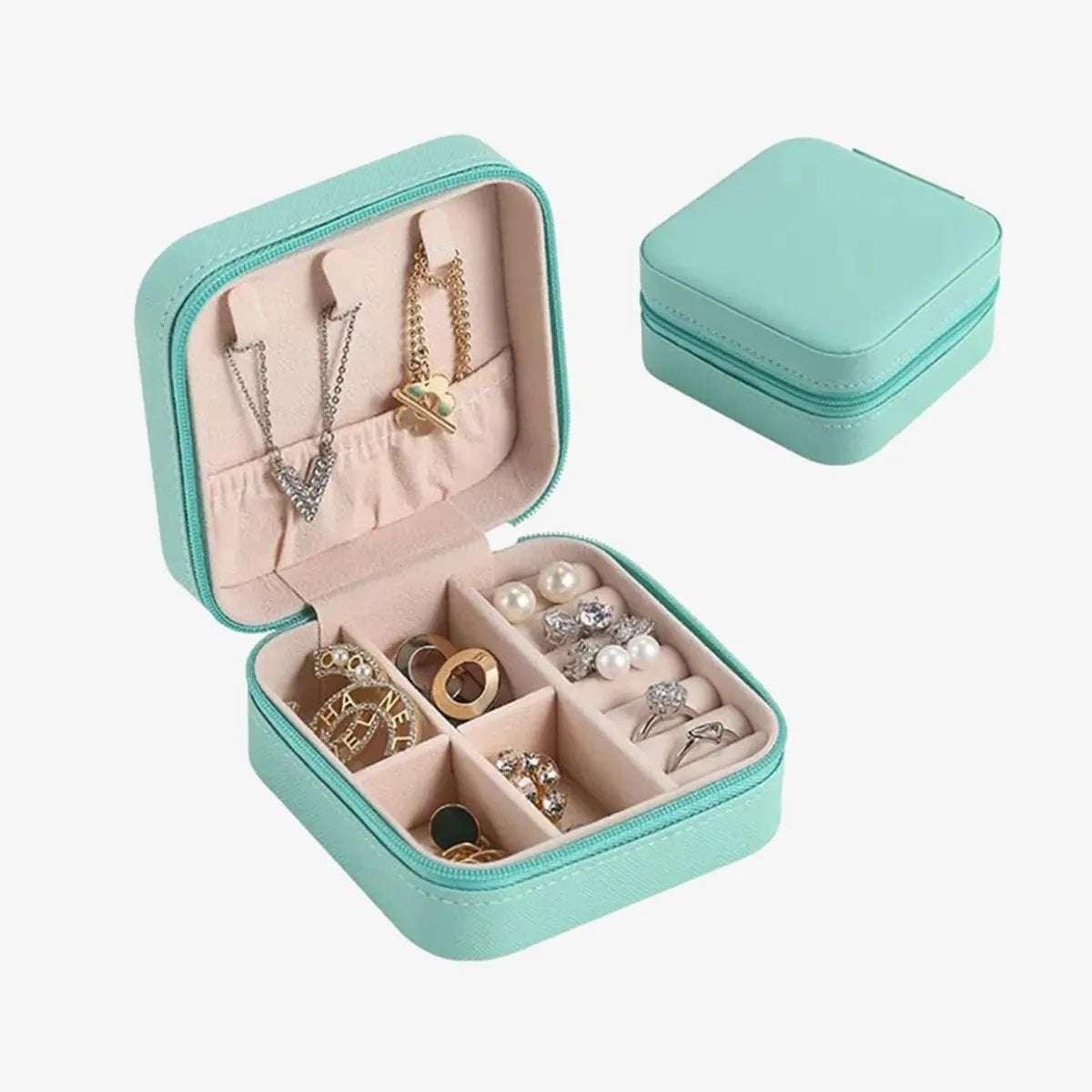 Mini Leather Jewelry Box Organizer with Zip | 2 Layers Cosmetics Ear Rings & Necklace Hanging Holder