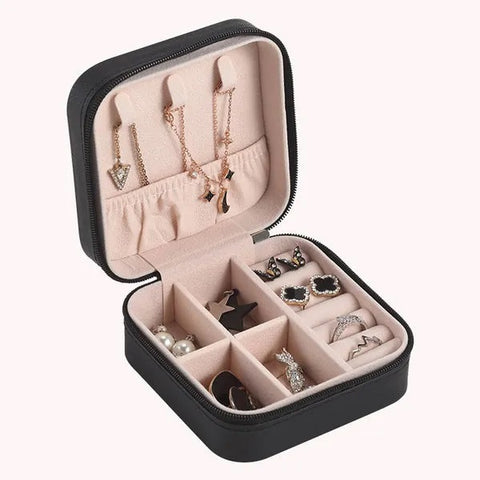 Mini Leather Jewelry Box Organizer with Zip | 2 Layers Cosmetics Ear Rings & Necklace Hanging Holder