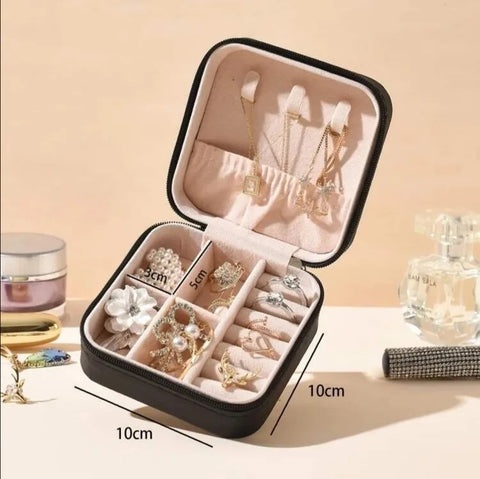 Mini Leather Jewelry Box Organizer with Zip | 2 Layers Cosmetics Ear Rings & Necklace Hanging Holder