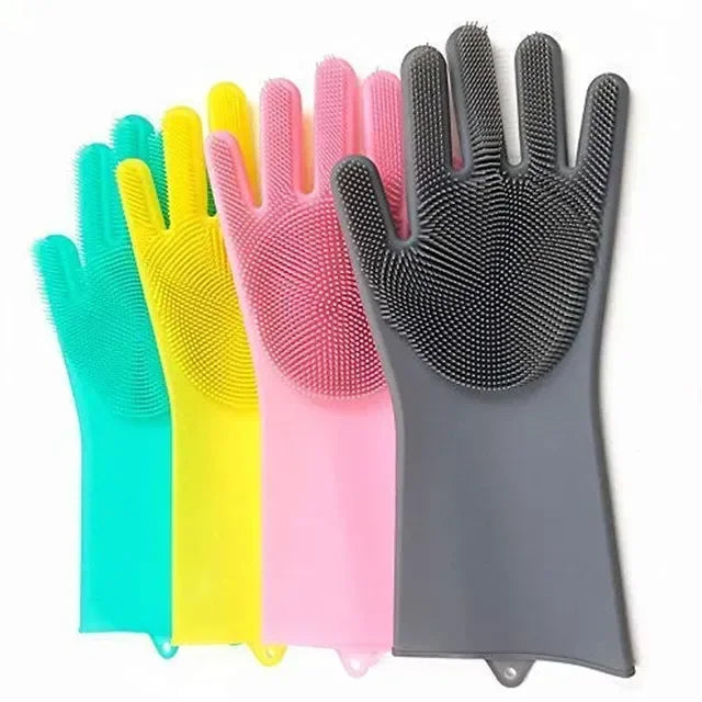 Gloves For Kitchen Magic Reusable Silicone Gloves with Wash Scrubber, Heat Resistant, for Cleaning, Household, Dish Washing, Washing the Car Kitchen, Bathroom, Pet and Multipurpose Cleaning and Washing - Leyloo.pk