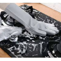 Gloves For Kitchen Magic Reusable Silicone Gloves with Wash Scrubber, Heat Resistant, for Cleaning, Household, Dish Washing, Washing the Car Kitchen, Bathroom, Pet and Multipurpose Cleaning and Washing - Leyloo.pk