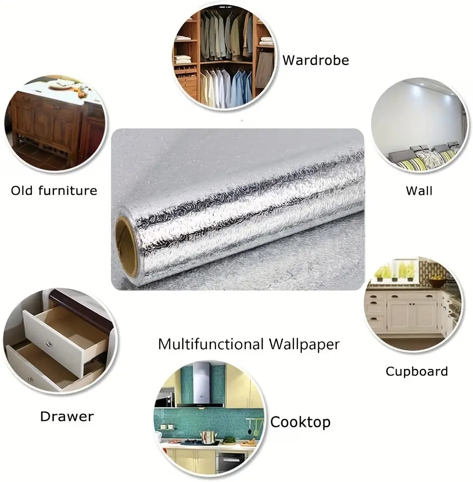 Silver Foil Kitchen Sticker – Waterproof & Oil-Proof Aluminum Self-Adhesive Wallpaper