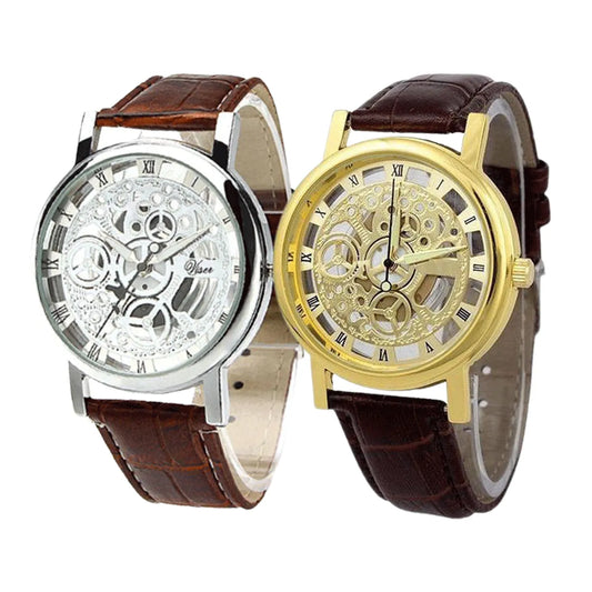 Pack of 2 Skeleton Double Sided Glass Transparent Watches For Mens Quartz Movement Stainless Steel For Professional and Casual Use Analog Watch - Leyloo.pk