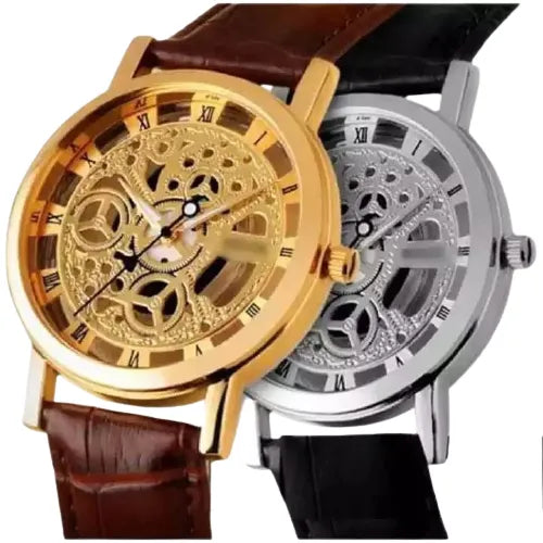 Pack of 2 Skeleton Double Sided Glass Transparent Watches For Mens Quartz Movement Stainless Steel For Professional and Casual Use Analog Watch - Leyloo.pk