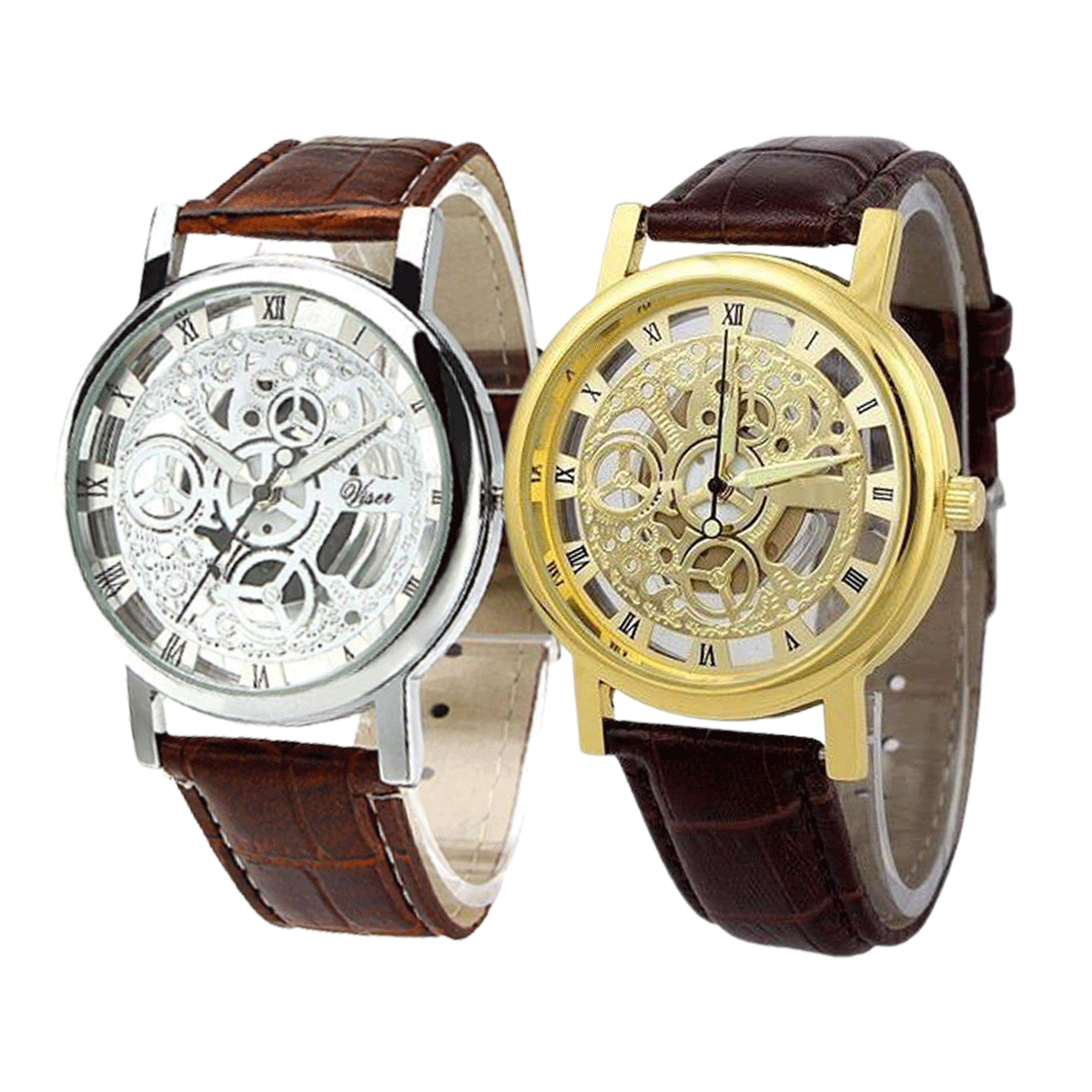 Pack of 2 Skeleton Double Sided Glass Transparent Watches For Mens Quartz Movement Stainless Steel For Professional and Casual Use Analog Watch