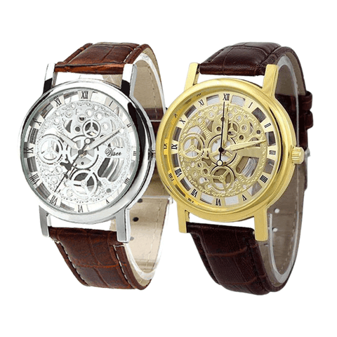 Pack of 2 Skeleton Double Sided Glass Transparent Watches For Mens Quartz Movement Stainless Steel For Professional and Casual Use Analog Watch