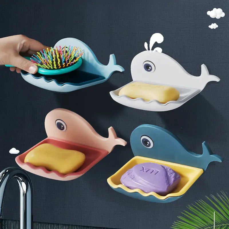 Whale-Shaped Soap Dish - No-Drill Wall Mount with Suction Cup, Drainage Design for Bathroom & Kitchen Sink - Leyloo.pk