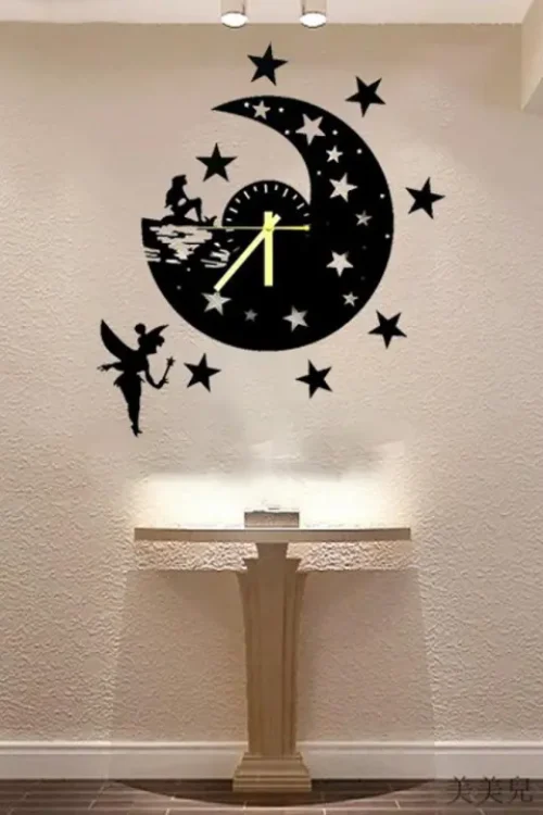 Night Moon & Stars Wooden Wall Clock