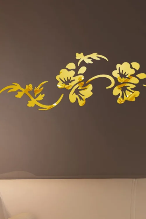 Wooden Wall Art Sticker Modern Flower Vine Pattern (Golden)