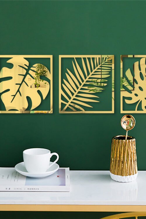 3 Pc Set Hollow Photo Frame Palm Leaves Acrylic Mirror Wall Stickers (Golden)