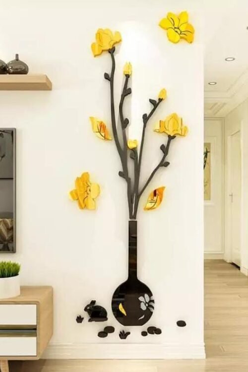 Black Vase and Yellow Flowers Acrylic 3D Wall Stickers – (Size 110*42cm)