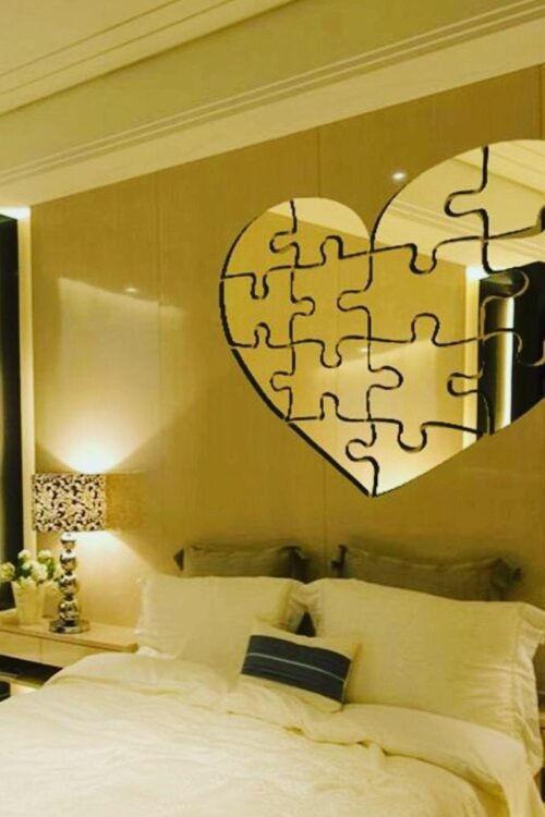 Wall Mirror Frameless Heart Puzzle Design Makeup Mirror – Color Silver – Size 24inch