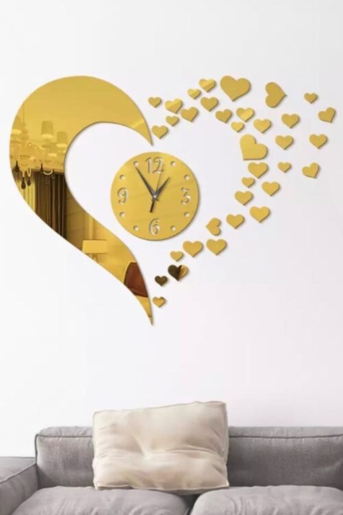 Heart Shape Acrylic Wall Clocks Mirror (GOLDEN)